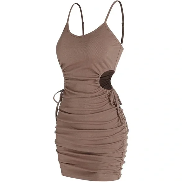 Ribbed V-Neck Waist Side Cutout Tie Ruched Slinky Bodycon Mini Dress Coffee S - Picture 4 of 15